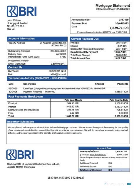 Download Indonesia Bank Rakyat Indonesia (BRI) mortgage statement Word and PDF template Photoshop template